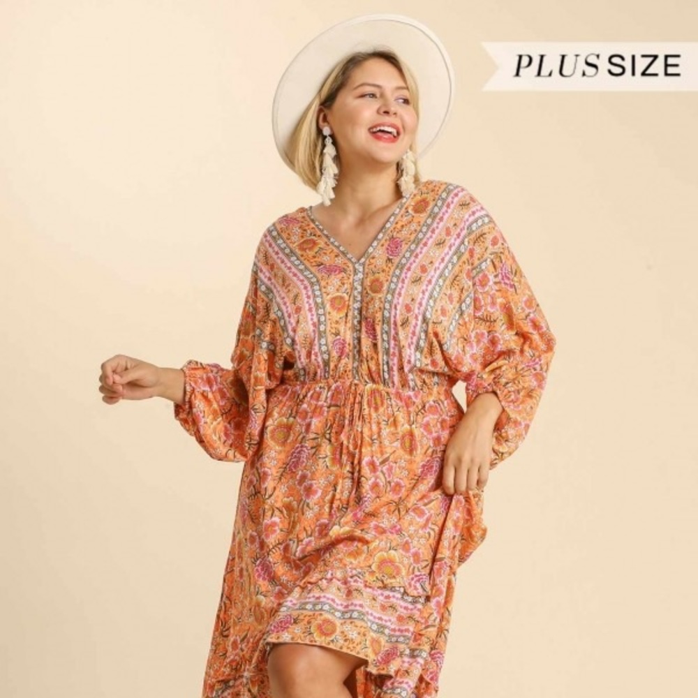 Umgee PLUS Size Hi Lo Mixed Tangerine Print Midi Dress, Size XL, 1XL NWT